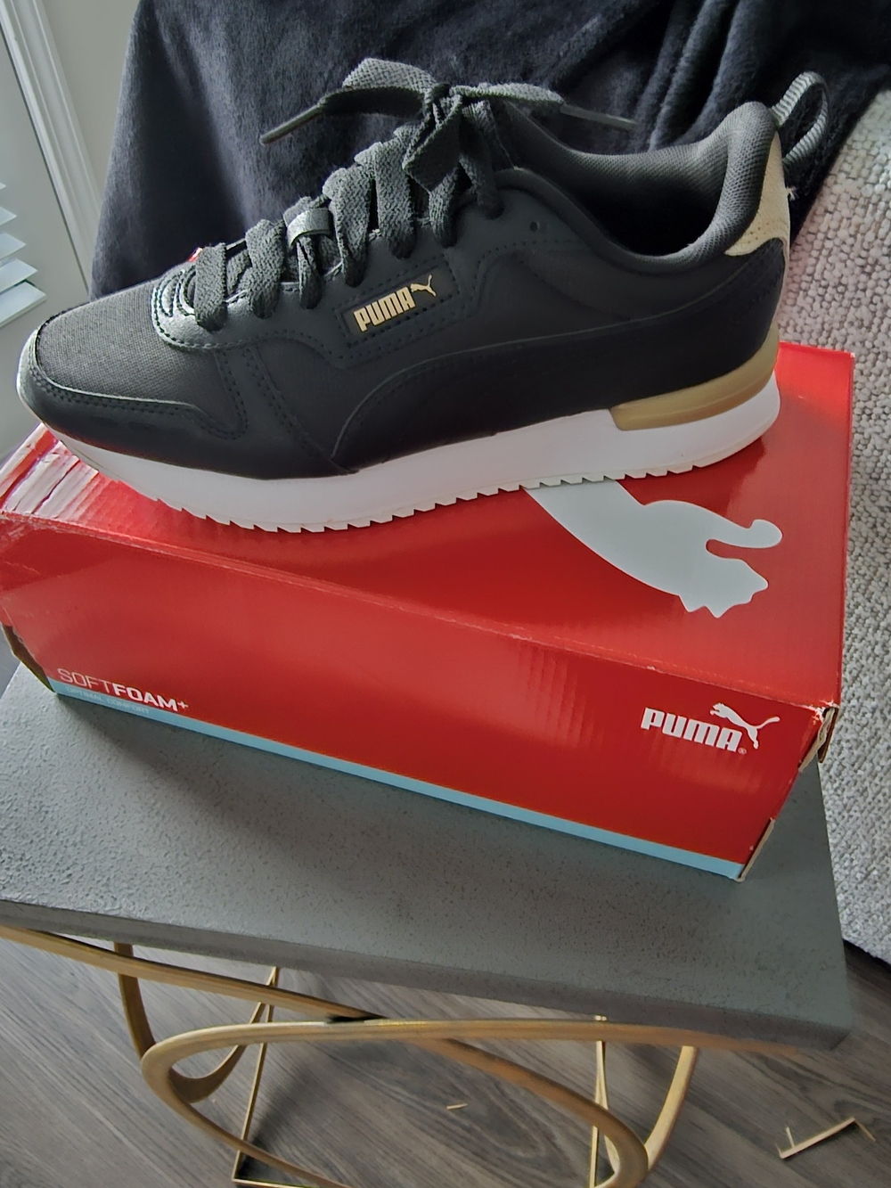Puma Women’s Black White Sneakers with Gold Accent